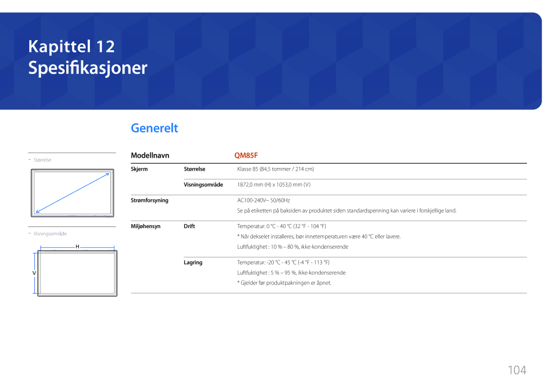 Samsung LH85QMFPLGC/EN manual Spesifikasjoner, Generelt, Modellnavn 