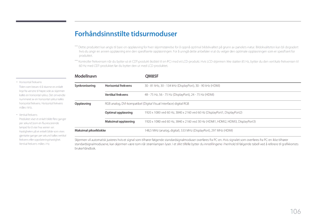 Samsung LH85QMFPLGC/EN manual Forhåndsinnstilte tidsurmoduser 