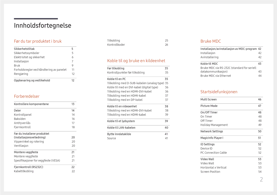 Samsung LH85QMFPLGC/EN manual Innholdsfortegnelse 