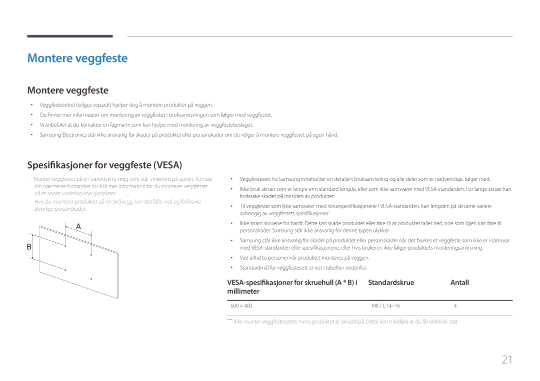 Samsung LH85QMFPLGC/EN manual Montere veggfeste, Spesifikasjoner for veggfeste Vesa, Standardskrue Antall Millimeter 