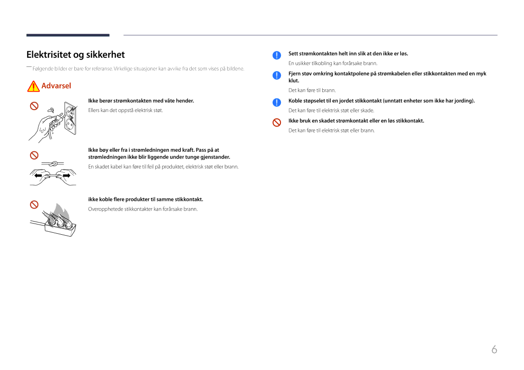 Samsung LH85QMFPLGC/EN manual Elektrisitet og sikkerhet, Ikke berør strømkontakten med våte hender 