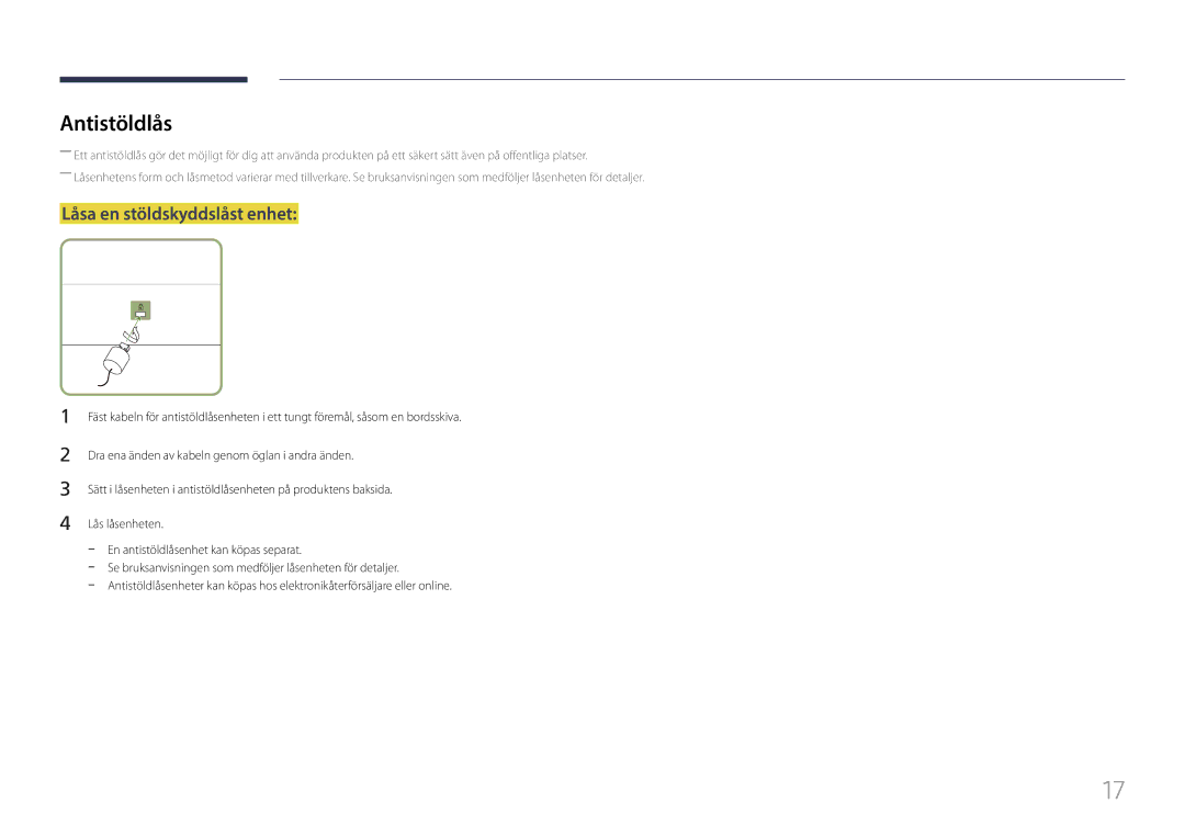 Samsung LH85QMFPLGC/EN manual Antistöldlås, Låsa en stöldskyddslåst enhet 