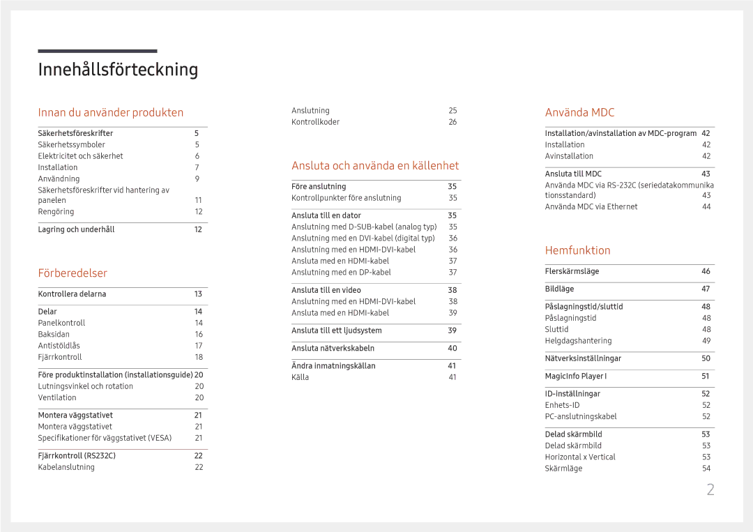 Samsung LH85QMFPLGC/EN manual Innehållsförteckning 