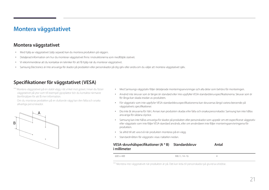 Samsung LH85QMFPLGC/EN manual Montera väggstativet, Specifikationer för väggstativet Vesa, Standardskruv Antal Millimeter 