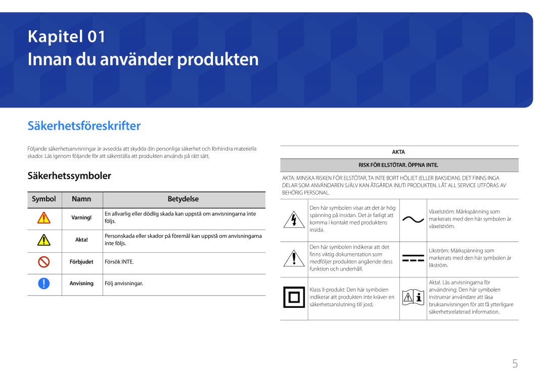 Samsung LH85QMFPLGC/EN manual Innan du använder produkten, Säkerhetsföreskrifter, Säkerhetssymboler, Symbol Namn Betydelse 