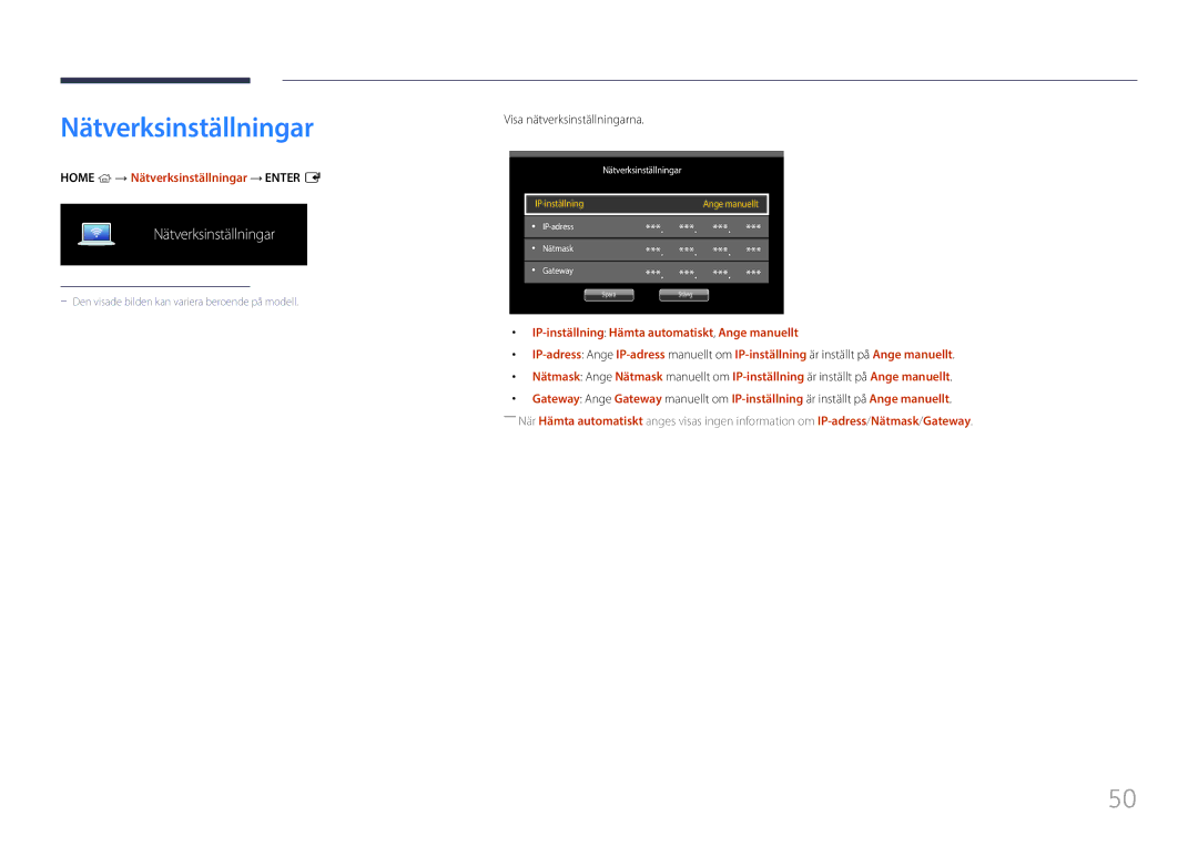 Samsung LH85QMFPLGC/EN manual Home → Nätverksinställningar → Enter E, Visa nätverksinställningarna 