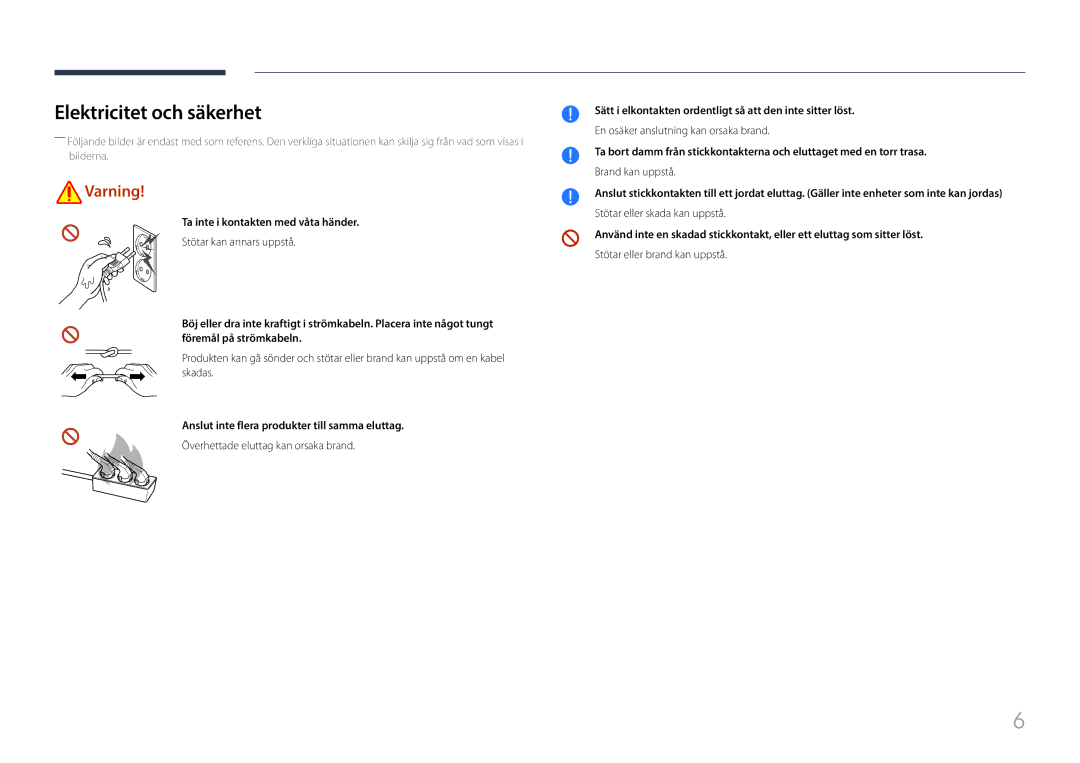 Samsung LH85QMFPLGC/EN manual Elektricitet och säkerhet, Ta inte i kontakten med våta händer 