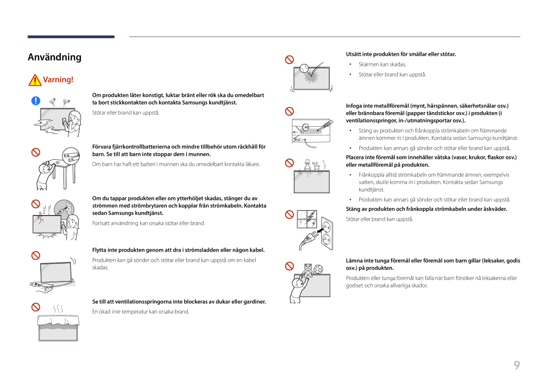 Samsung LH85QMFPLGC/EN manual Användning, Fortsatt användning kan orsaka stötar eller brand 