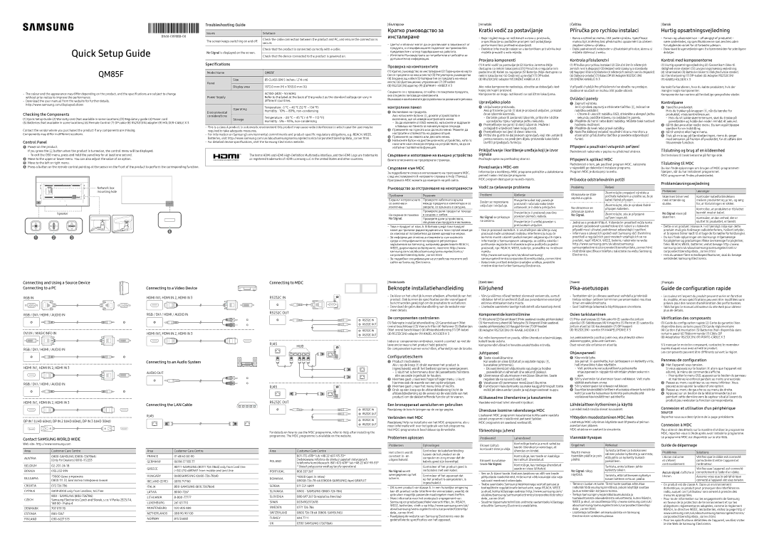 Samsung LH85QMFPLGC/EN manual Кратко ръководство за инсталиране, Kratki vodič za postavljanje, Hurtig opsætningsvejledning 