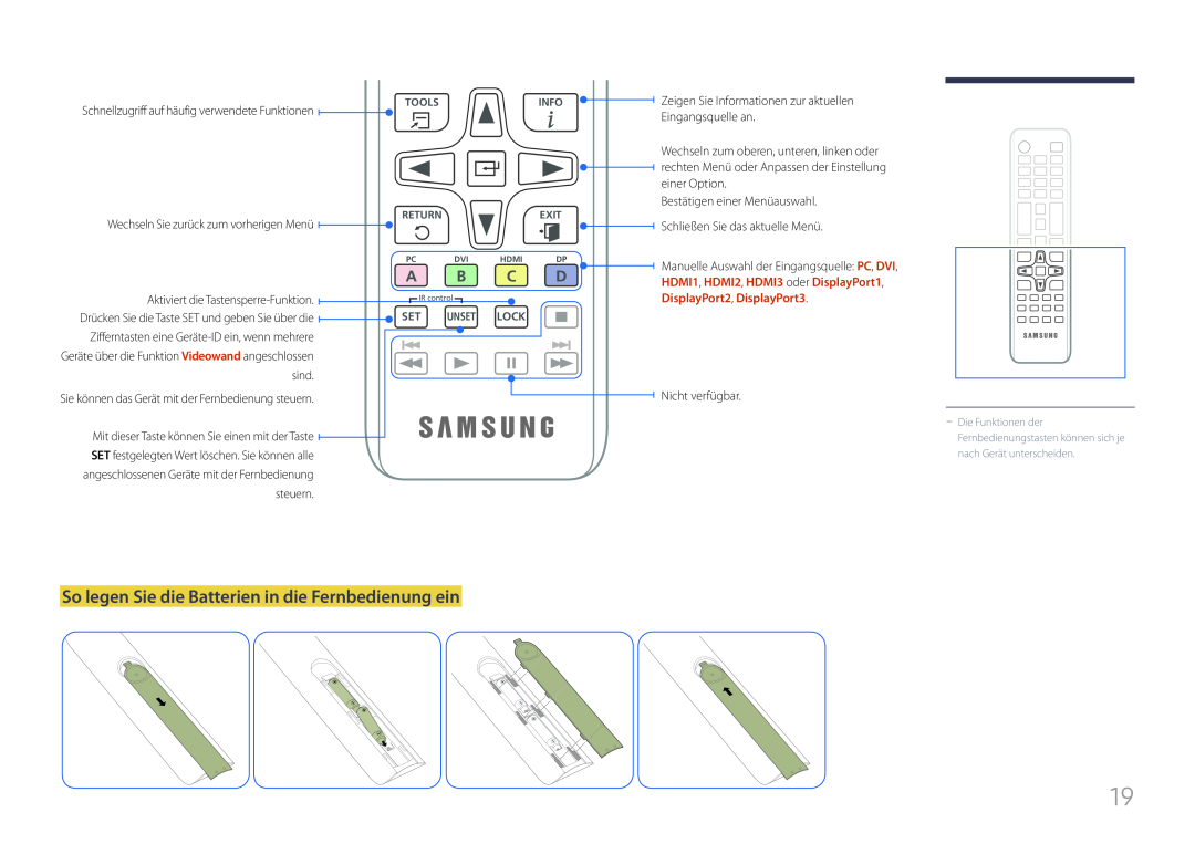 Samsung LH85QMFPLGC/EN manual So legen Sie die Batterien in die Fernbedienung ein 