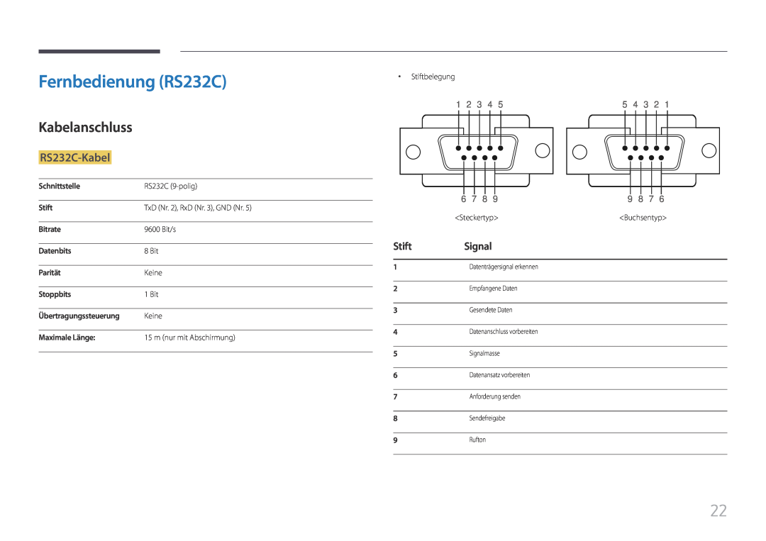 Samsung LH85QMFPLGC/EN manual Fernbedienung RS232C, Kabelanschluss, RS232C-Kabel, Stift, Signal 