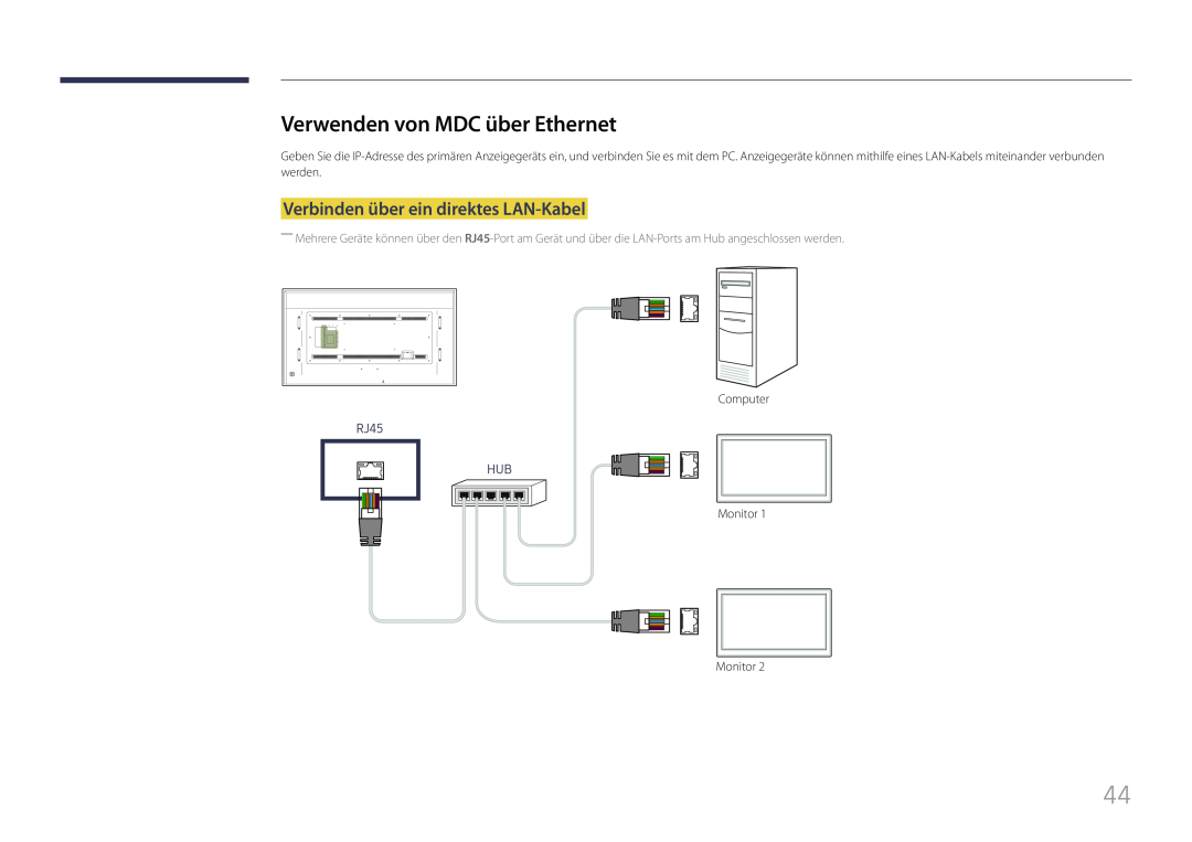 Samsung LH85QMFPLGC/EN manual Verwenden von MDC über Ethernet, Verbinden über ein direktes LAN-Kabel, RJ45 HUB 