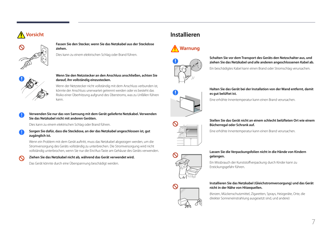 Samsung LH85QMFPLGC/EN manual Installieren, Vorsicht, Warnung 