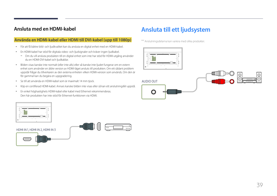 Samsung LH85QMFPLGC/EN manual Ansluta till ett ljudsystem, Använda en HDMI-kabel eller HDMI till DVI-kabel upp till 1080p 