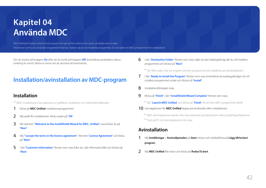 Samsung LH85QMFPLGC/EN manual Använda MDC, Installation/avinstallation av MDC-program, Avinstallation, Kapitel, Next 