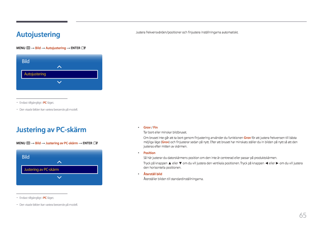 Samsung LH85QMFPLGC/EN manual Justering av PC-skärm, MENU m → Bild → Autojustering → ENTER E, Grov / Fin, Position 