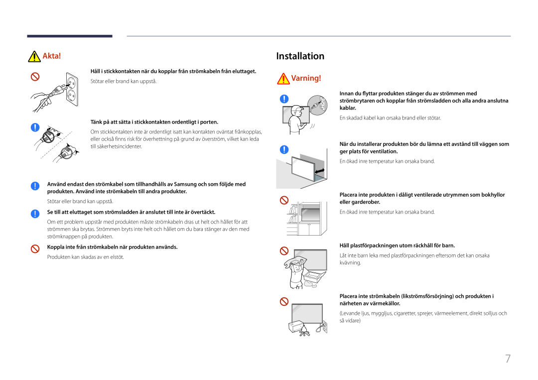 Samsung LH85QMFPLGC/EN manual Installation, Akta, Varning 