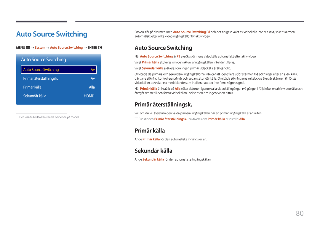 Samsung LH85QMFPLGC/EN manual Auto Source Switching, Primär återställningsk, Primär källa, Sekundär källa, Alla, HDMI1 