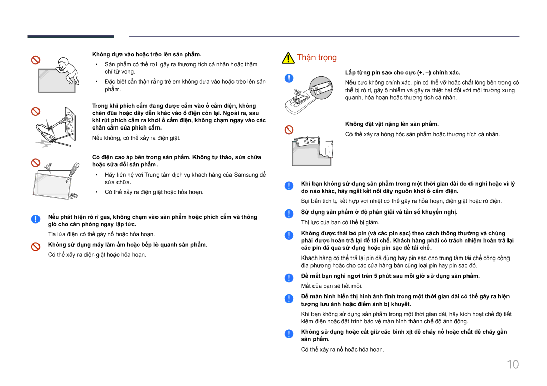 Samsung LH85QMFPLGC/XV manual Không dự̣a và̀o hoặ̣c trè̀o lên sả̉n phẩ̉m, Lắ́p từng pin sao cho cự̣c +, chí́nh xá́c 