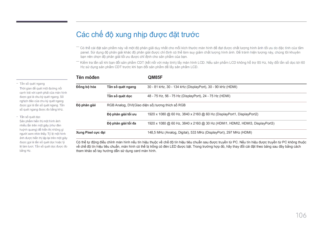 Samsung LH85QMFPLGC/XV manual Cá́c chế́ độ̣ xung nhịp đượ̣c đặ̣t trước 