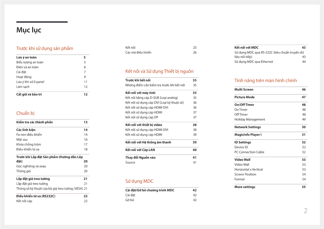 Samsung LH85QMFPLGC/XV manual Mục lục 