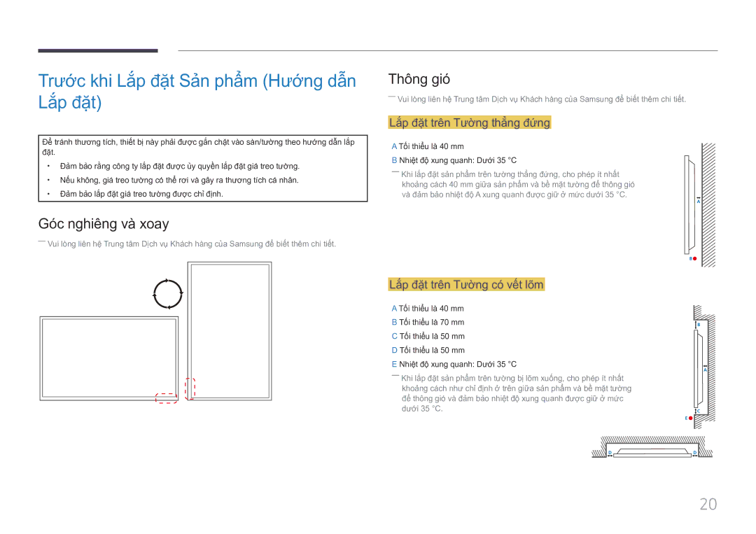 Samsung LH85QMFPLGC/XV manual Trước khi Lắ́p đặ̣t Sả̉n phẩ̉m Hướng dẫn Lắ́p đặ̣t, Gó́c nghiêng và̀ xoay, Thông gió́ 