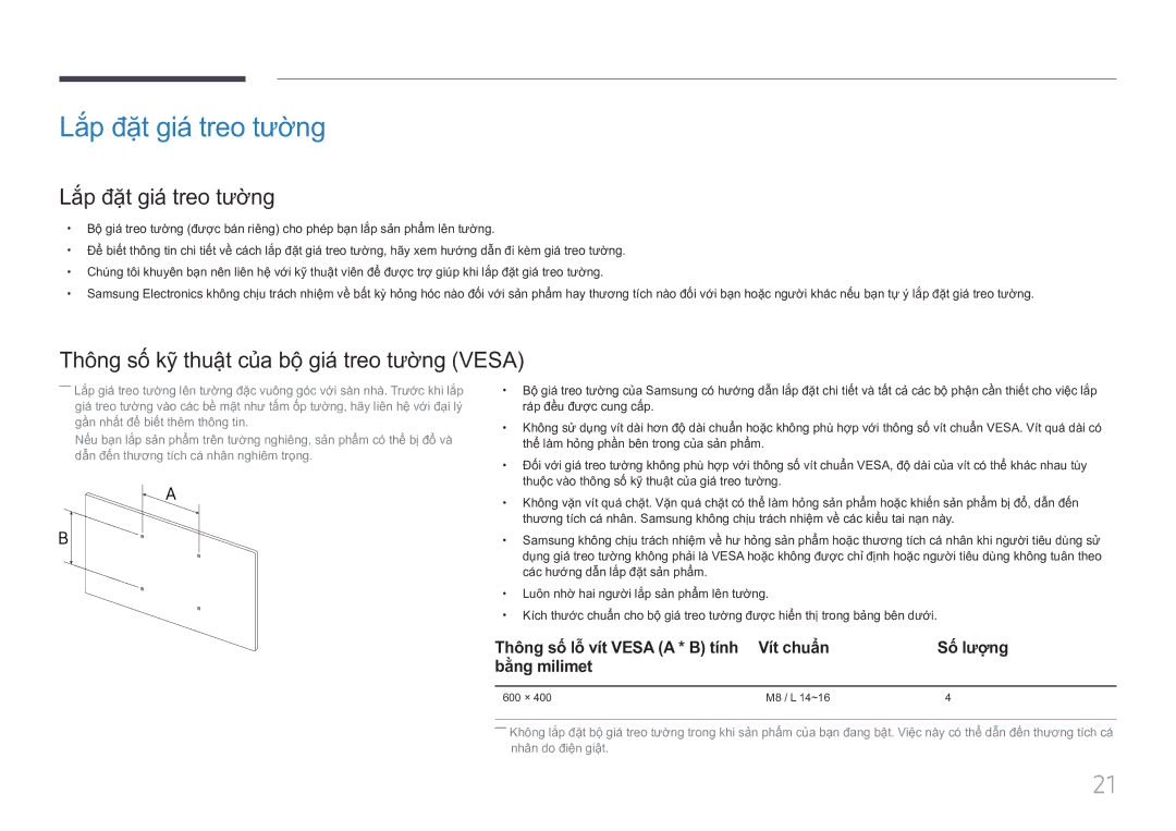 Samsung LH85QMFPLGC/XV manual Lắp đặt giá treo tương, Thông số kỹ thuât cua bộ giá treo tương Vesa, Bằng milimet 