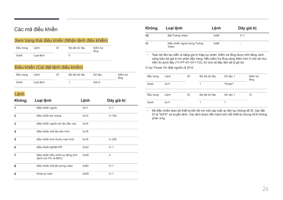 Samsung LH85QMFPLGC/XV manual Cá́c mã điề̀u khiể̉n, Xem trạ̣ng thá́i điề̀u khiể̉n Nhận lệnh điề̀u khiể̉n, Lênh 