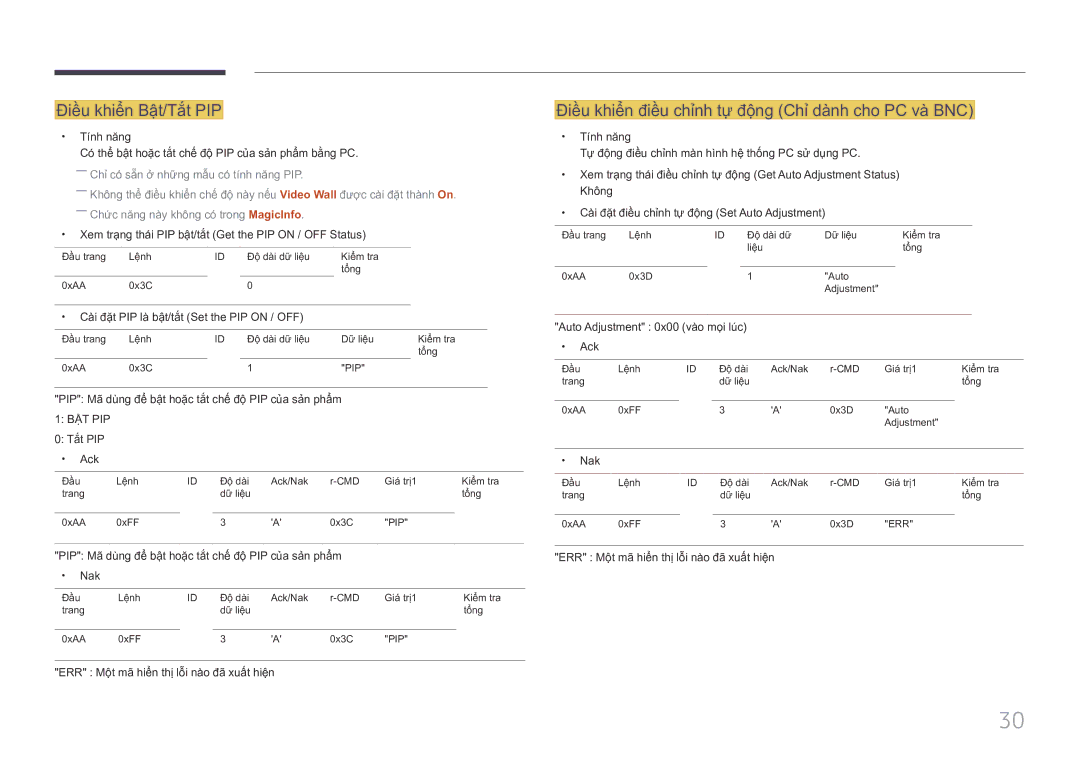 Samsung LH85QMFPLGC/XV manual Điề̀u khiể̉n Bật/Tắ́t PIP, Điều khiển điều chinh tự động Chi dành cho PC và̀ BNC 