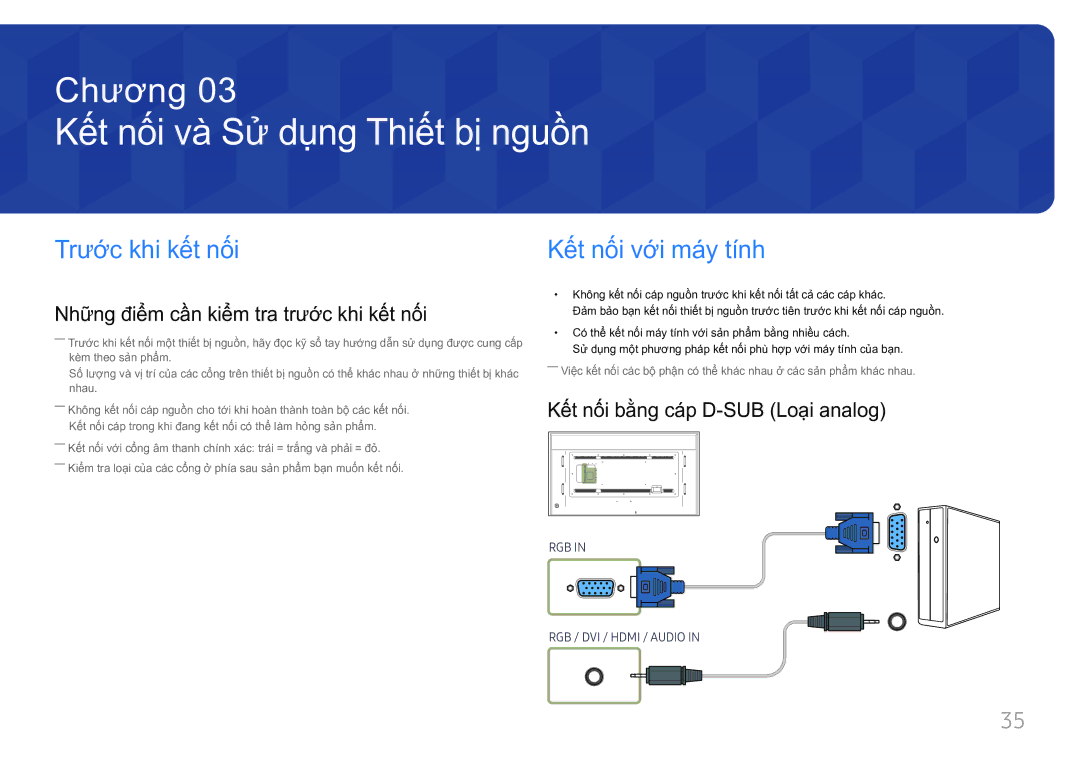 Samsung LH85QMFPLGC/XV Kế́t nố́i và̀ Sử dụng Thiế́t bị nguồ̀n, Trước khi kế́t nố́i, Kết nối băng cáp D-SUB Loại analog 