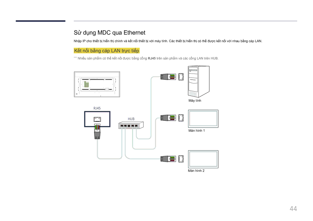 Samsung LH85QMFPLGC/XV manual Sư dung MDC qua Ethernet, Kết nối băng cáp LAN trực tiếp 