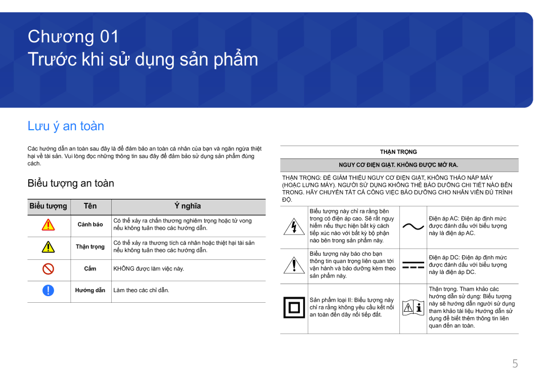 Samsung LH85QMFPLGC/XV manual Trươc khi sư dung sản phẩm, Lưu ý an toàn, Biể̉u tượ̣ng an toà̀n, Tên Nghĩa 