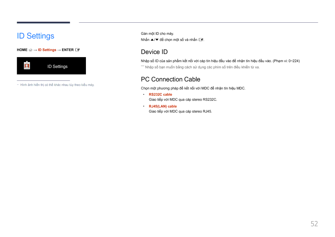 Samsung LH85QMFPLGC/XV manual ID Settings, Device ID, PC Connection Cable 