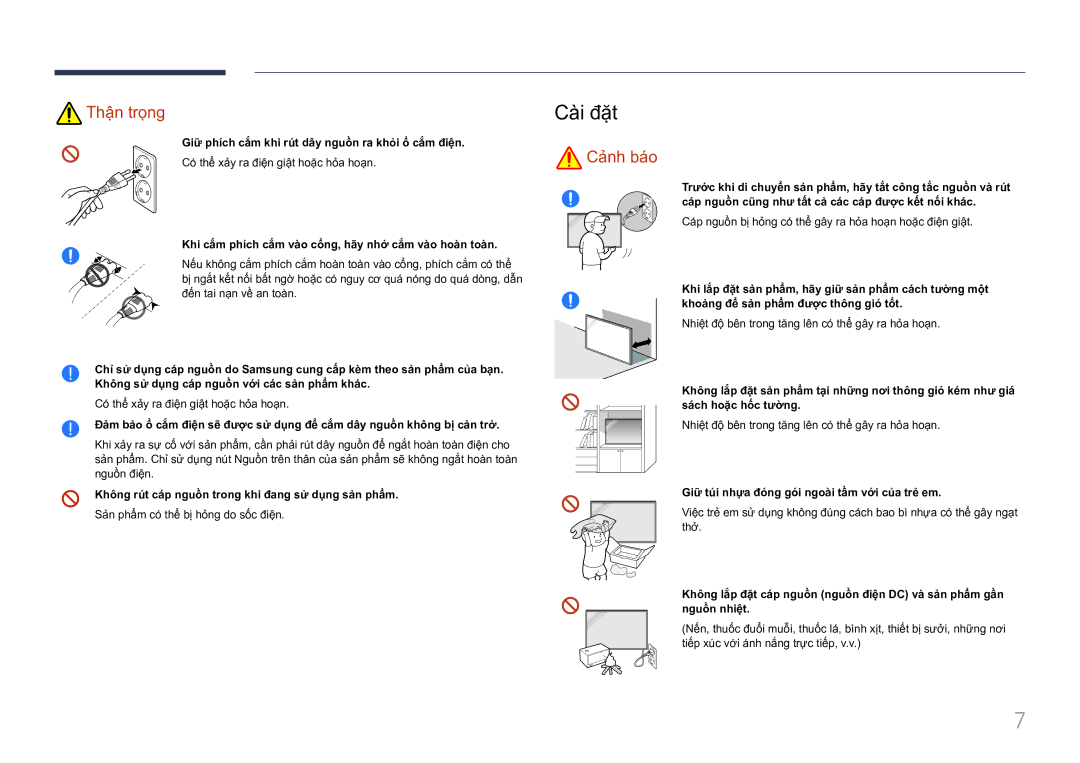 Samsung LH85QMFPLGC/XV manual Cài đặt, Giữ phích cắm khi rút dây nguồn ra khỏi ổ cắm điện 