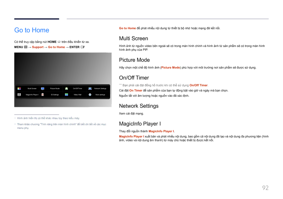 Samsung LH85QMFPLGC/XV manual Go to Home, Picture Mode, On/Off Timer, Network Settings, MagicInfo Player 