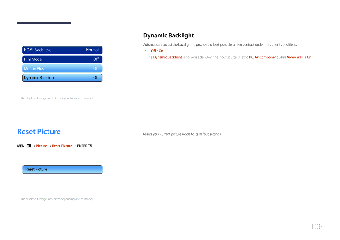 Samsung LH95MECPLBC/EN, LH95MECPLBC/UE, LH95MECPLBC/NG 108, Dynamic Backlight, MENUm → Picture → Reset Picture → Entere 