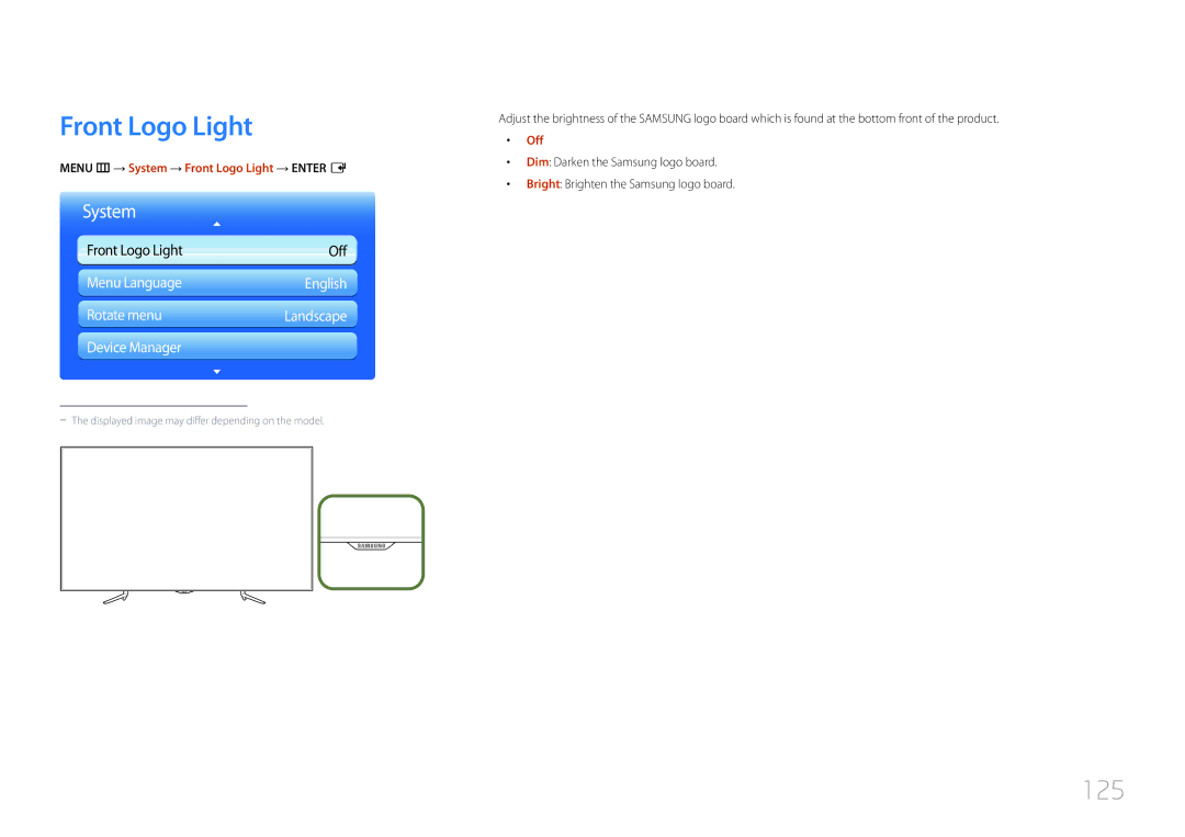 Samsung LH95MECPLBC/XS, LH95MECPLBC/EN, LH95MECPLBC/UE manual 125, Menu m → System → Front Logo Light → Enter E 