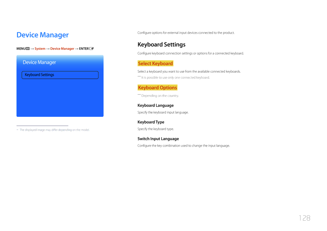 Samsung LH95MECPLBC/NG, LH95MECPLBC/EN, LH95MECPLBC/UE 128, Keyboard Settings, MENUm → System → Device Manager → Entere 