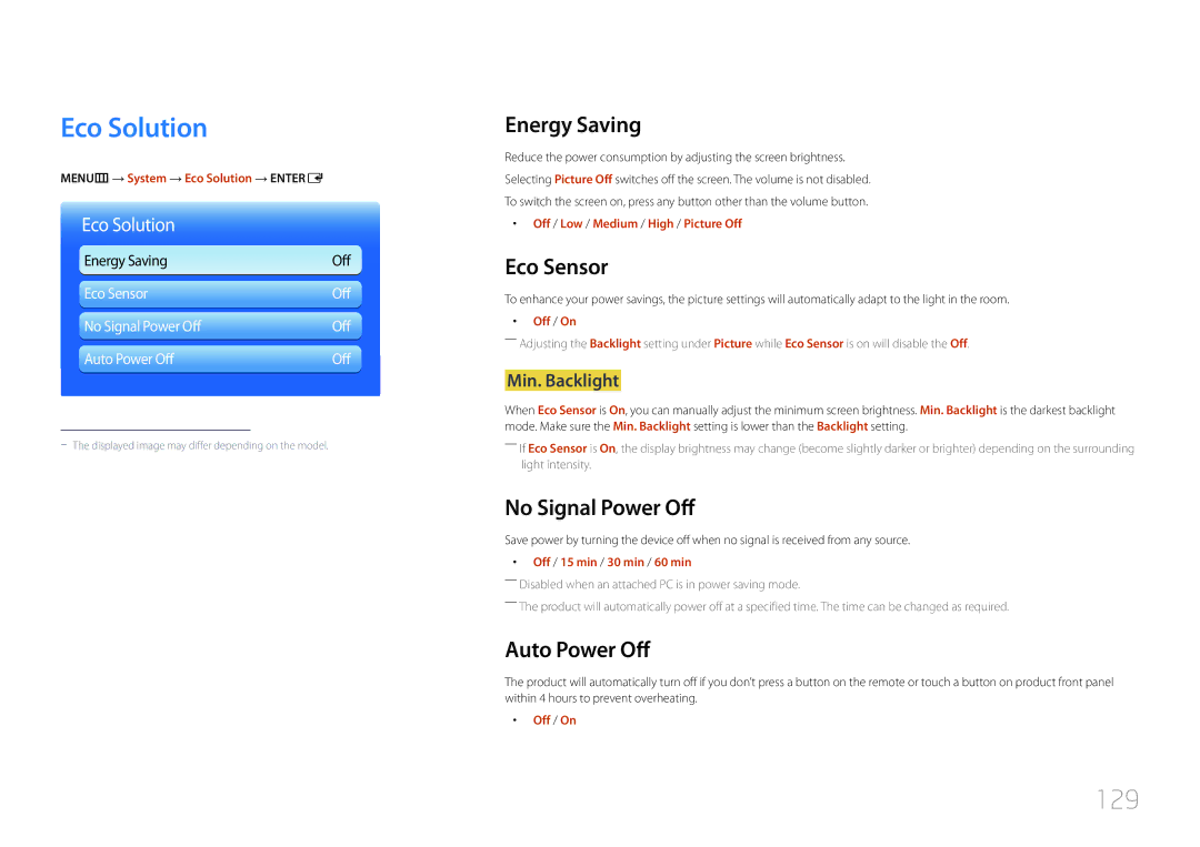 Samsung LH95MECPLBC/HD, LH95MECPLBC/EN, LH95MECPLBC/UE, LH95MECPLBC/NG, LH95MECPLBC/XY, LH95MECPLBC/XS manual Eco Solution, 129 