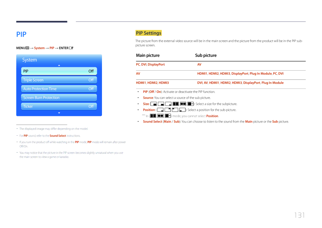 Samsung LH95MECPLBC/XS, LH95MECPLBC/EN manual 131, PIP Settings, Main picture Sub picture, MENUm → System → PIP → Entere 