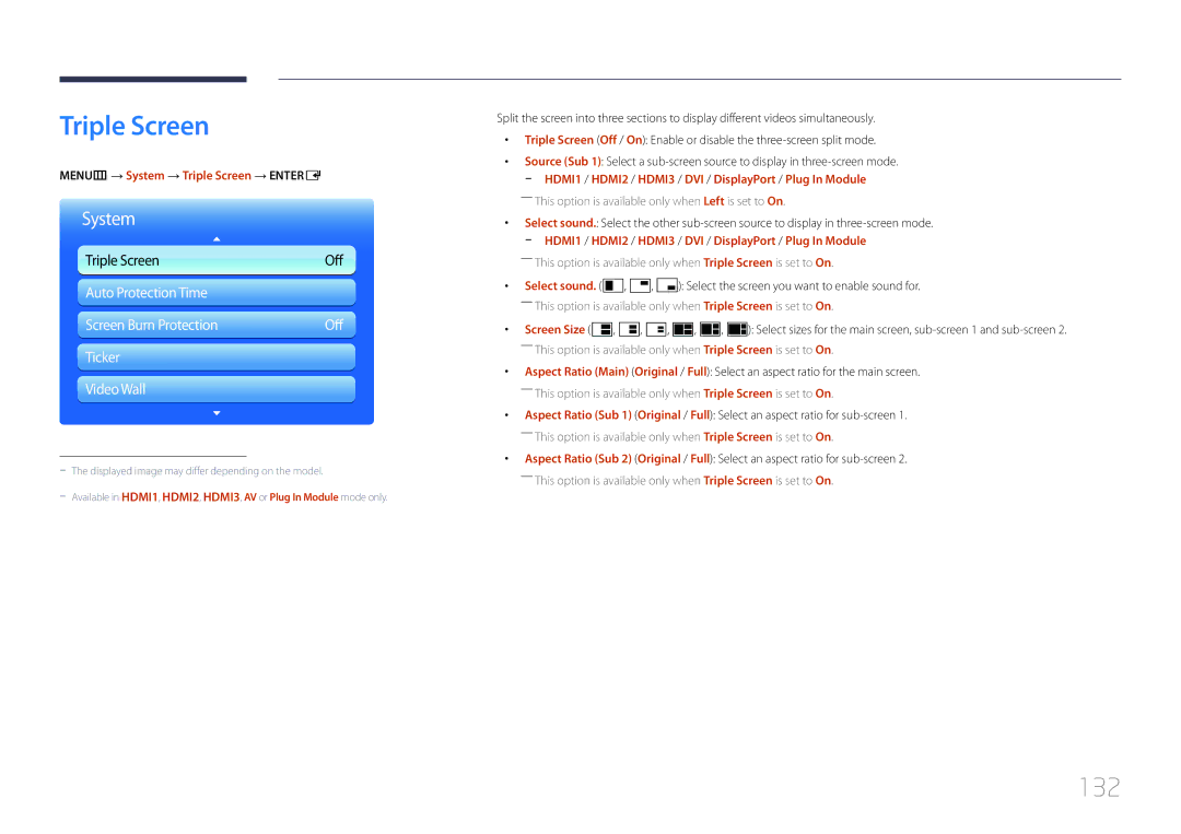 Samsung LH95MECPLBC/EN, LH95MECPLBC/UE, LH95MECPLBC/NG, LH95MECPLBC/HD manual 132, MENUm → System → Triple Screen → Entere 