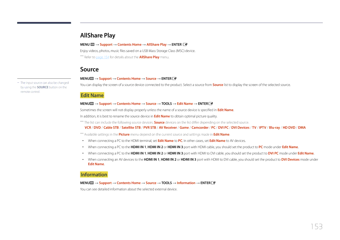 Samsung LH95MECPLBC/HD manual 153, AllShare Play, Edit Name, Information, MENUm → Support → Contents Home → Source → Entere 