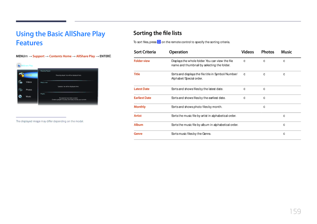 Samsung LH95MECPLBC/HD, LH95MECPLBC/EN, LH95MECPLBC/UE Using the Basic AllShare Play Features, 159, Sorting the file lists 