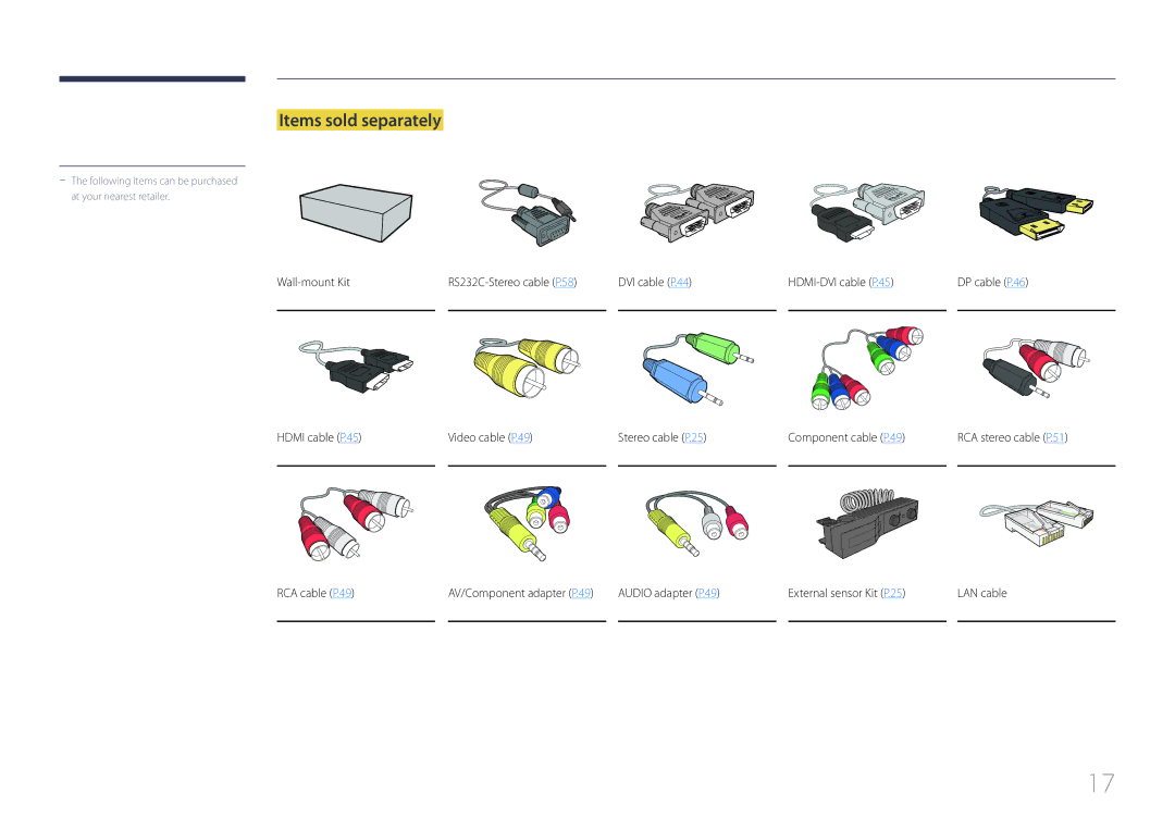 Samsung LH95MECPLBC/XS manual Items sold separately, Wall-mount Kit, Hdmi cable P.45 Video cable P.49 RCA cable P.49 