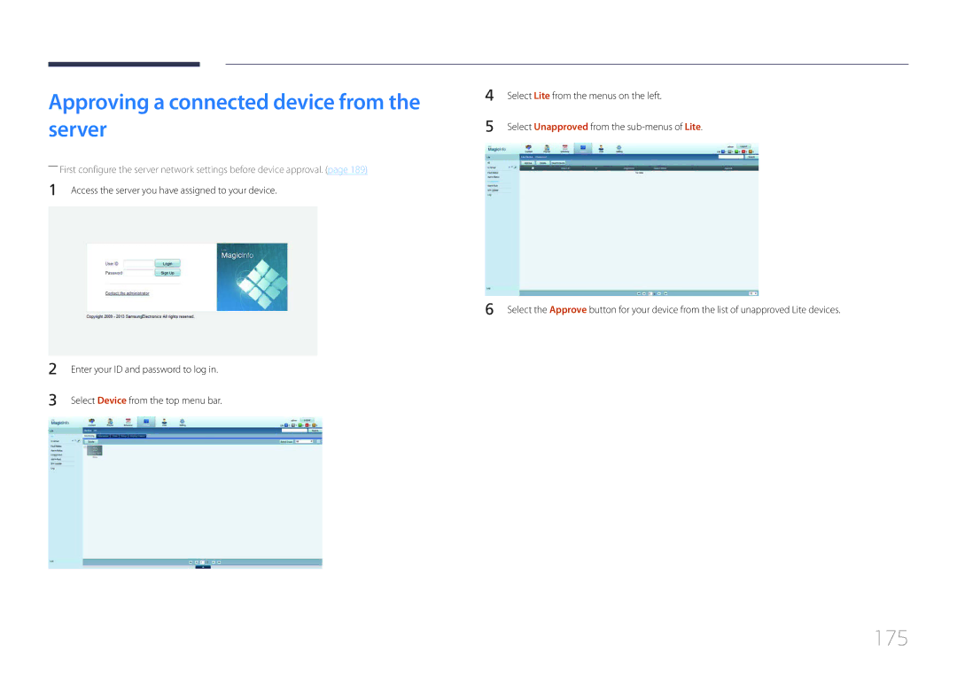 Samsung LH95MECPLBC/UE, LH95MECPLBC/EN, LH95MECPLBC/NG, LH95MECPLBC/HD Approving a connected device from the server, 175 