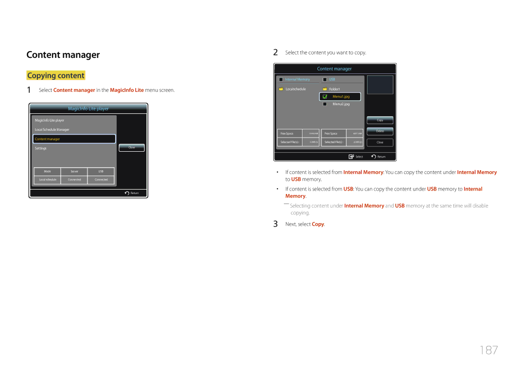 Samsung LH95MECPLBC/UE, LH95MECPLBC/EN 187, Copying content, Select Content manager in the MagicInfo Lite menu screen 