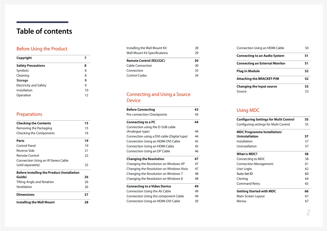 Samsung LH95MECPLBC/NG, LH95MECPLBC/EN, LH95MECPLBC/UE, LH95MECPLBC/HD, LH95MECPLBC/XY, LH95MECPLBC/XS manual Table of contents 