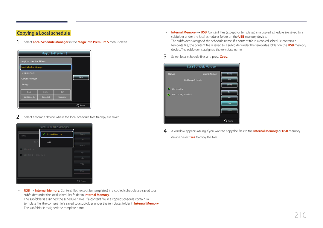 Samsung LH95MECPLBC/EN, LH95MECPLBC/UE, LH95MECPLBC/NG, LH95MECPLBC/HD, LH95MECPLBC/XY manual 210, Copying a Local schedule 