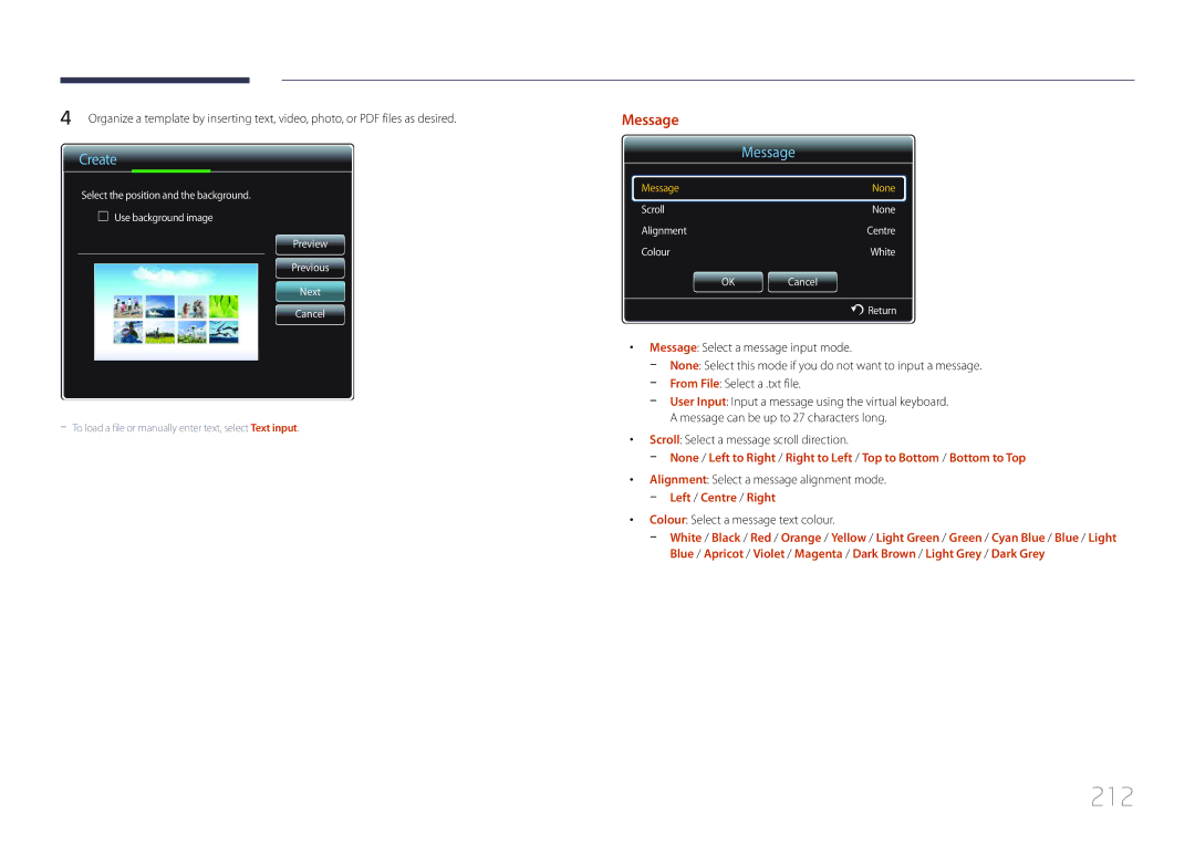 Samsung LH95MECPLBC/NG, LH95MECPLBC/EN, LH95MECPLBC/UE, LH95MECPLBC/HD manual 212, Scroll Select a message scroll direction 