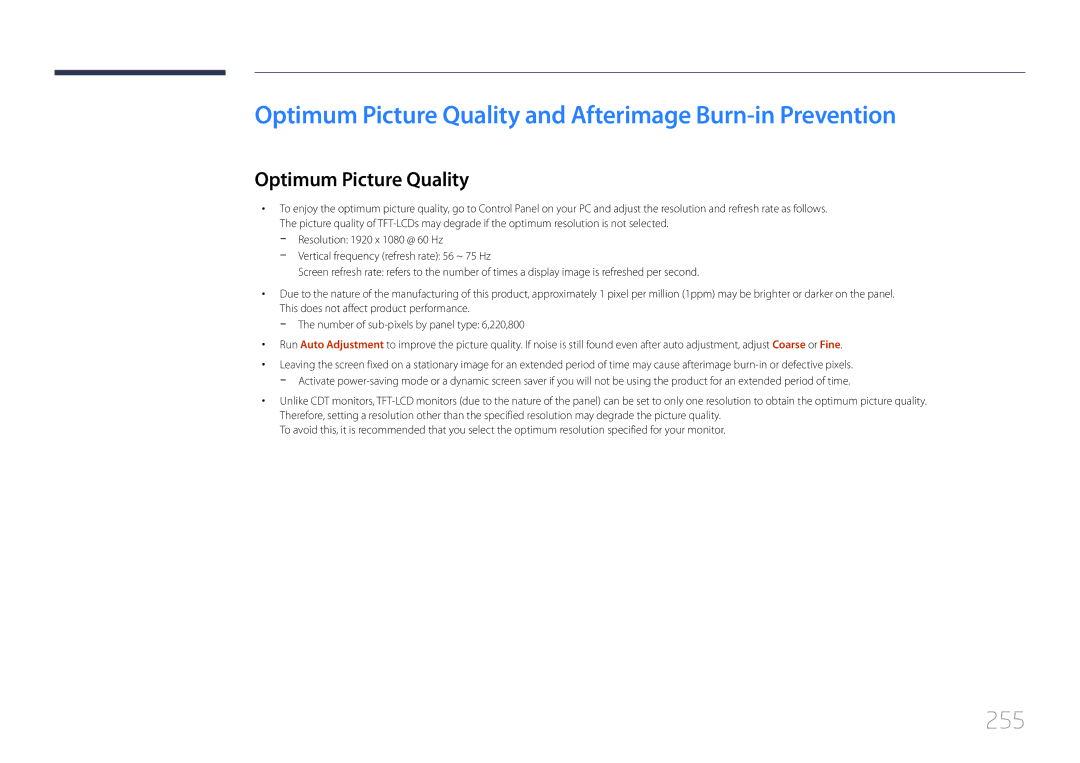 Samsung LH95MECPLBC/HD, LH95MECPLBC/EN, LH95MECPLBC/UE manual Optimum Picture Quality and Afterimage Burn-in Prevention, 255 